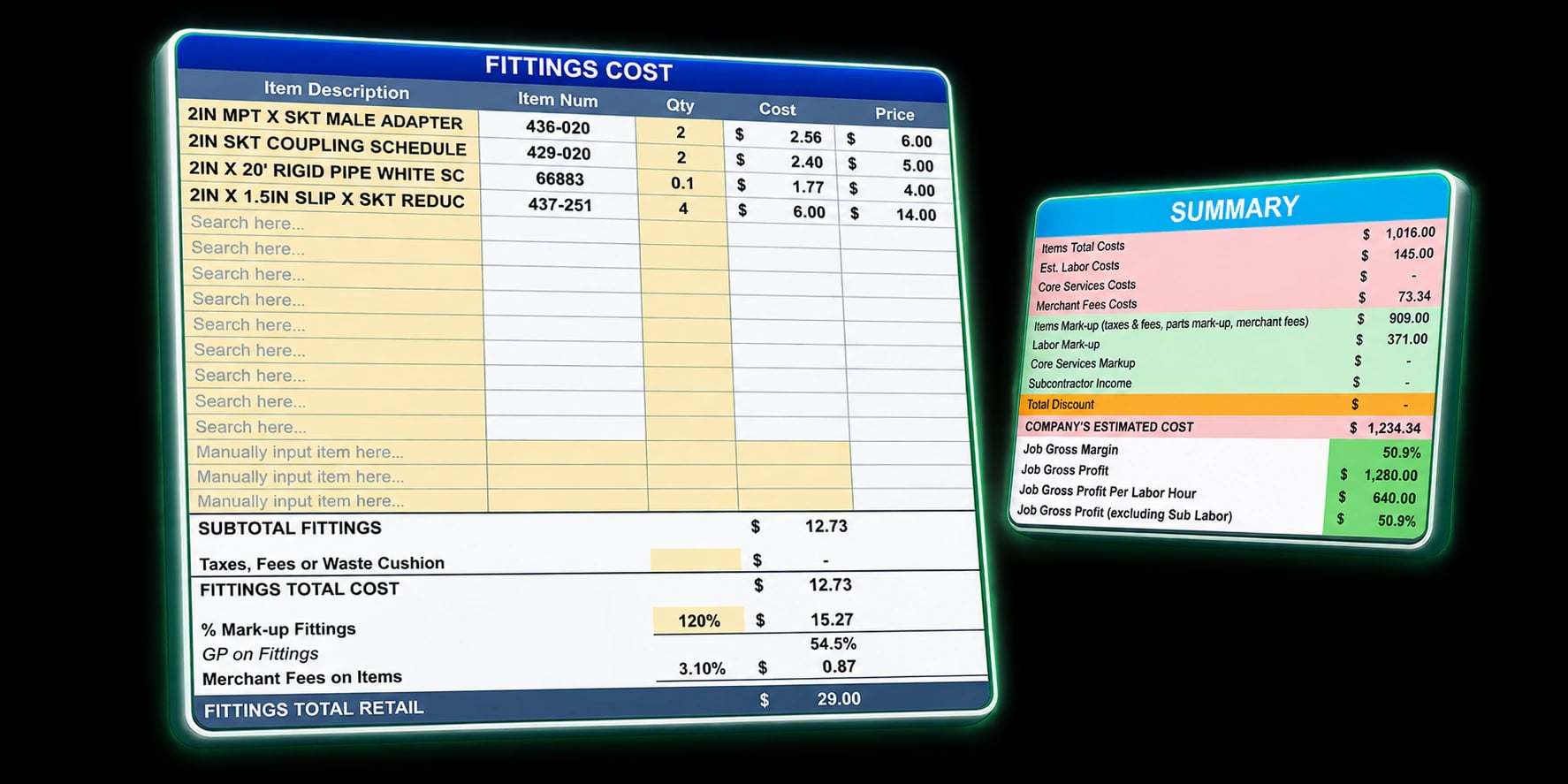 Install and Repair Pricing Calculator fittings and summary screens