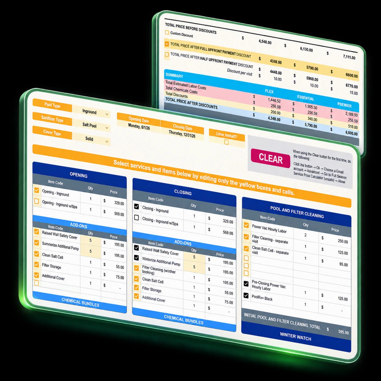 Full Season Service Price Calculator interface overview