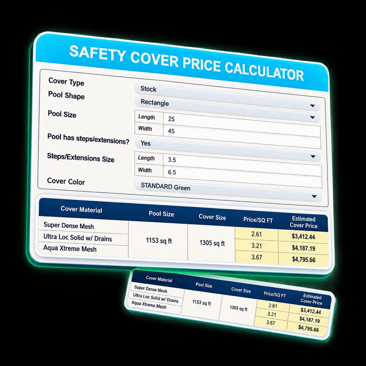 Safety Cover Price Calculator interface overview